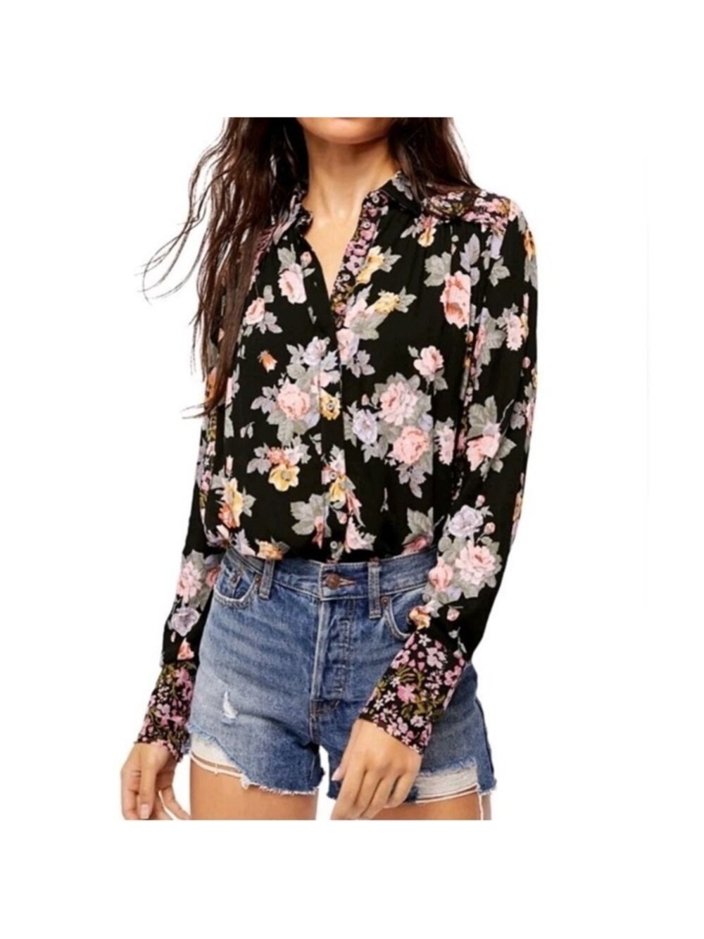 Free People Floral Button-Front Women's Blouse Black Pink & Yellow Flowers Small